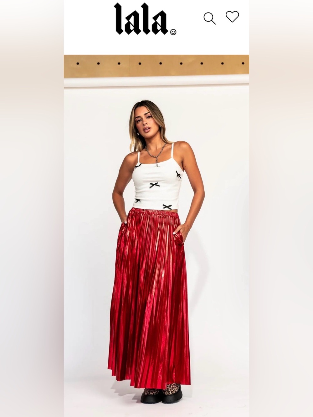 Dressed in LALA Metallic Red Pleated Maxi Skirt